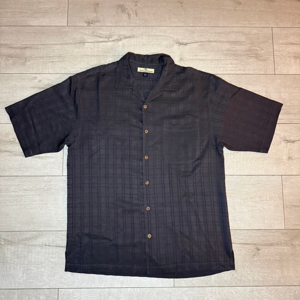 Tommy Bahama Mens M 100% Silk Short Sleeve Button Front Camp Shirt Woven Grid